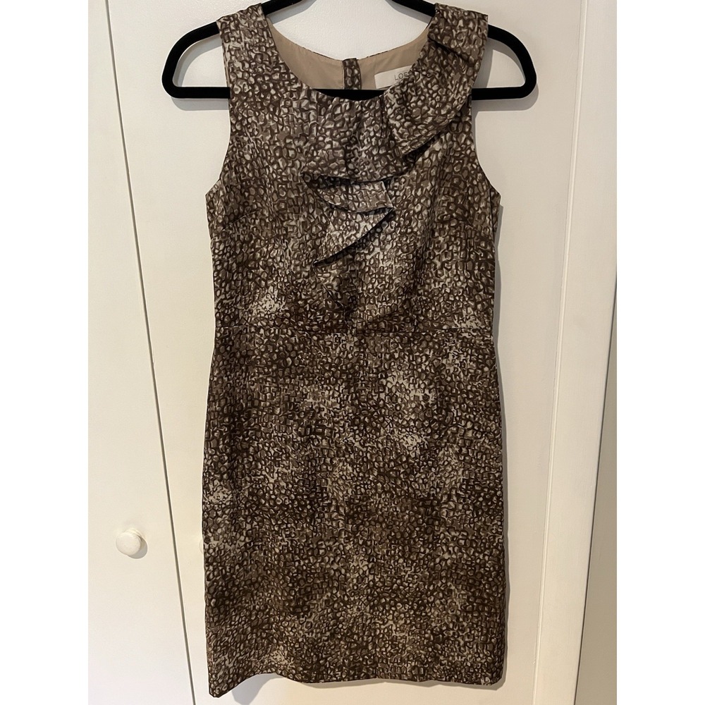 Ann Taylor Loft Sleeveless Ruffle‎ Satin Dress Brown Abstract Animal Print 2